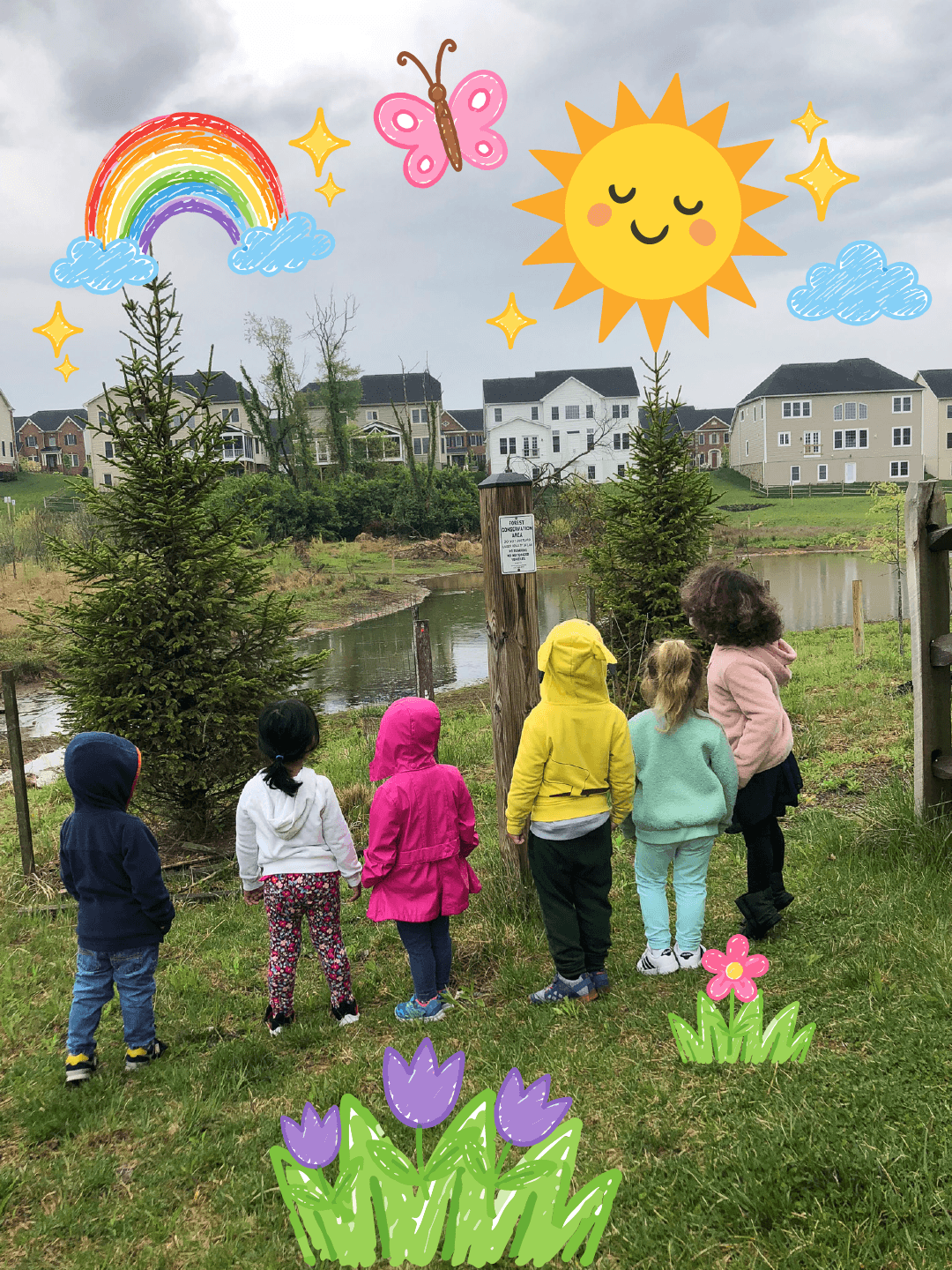 Kids Club Home DayCare children at the pond in Clarksburg Village, Maryland